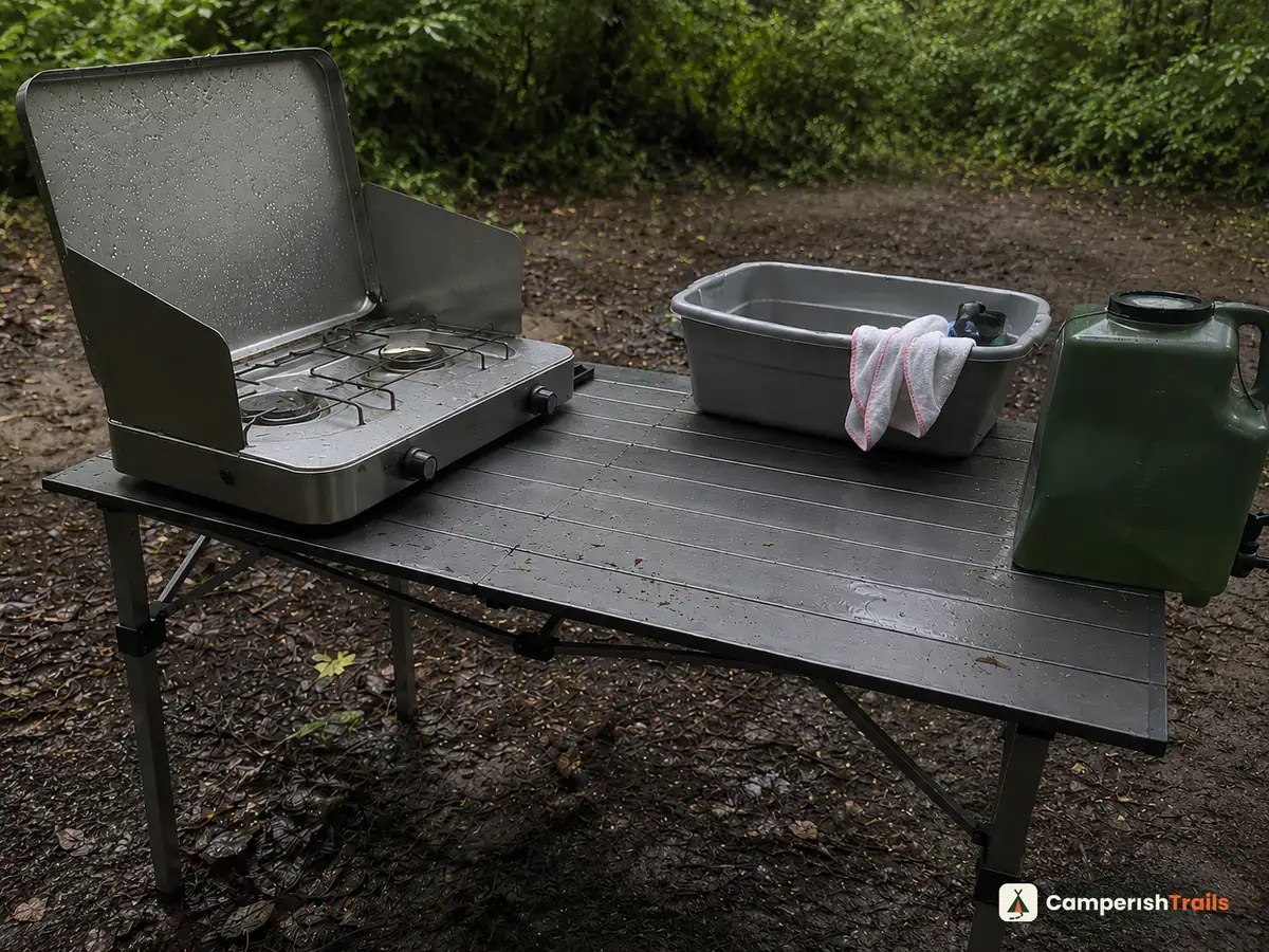 Camp kitchen with folding table, two-burner stove, dish tub and water jug set downwind of the tent