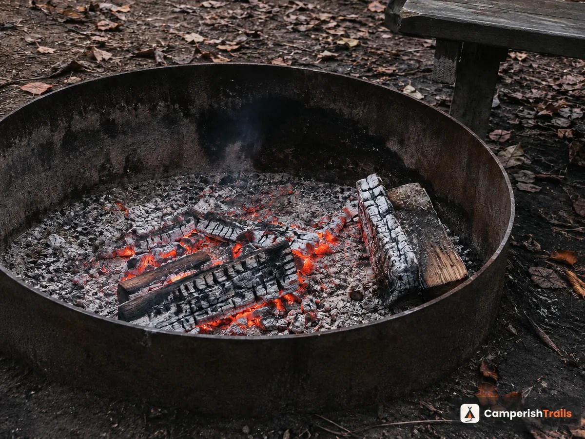 Bed of glowing coals in a steel fire ring with half-burned oak splits and banked gray ash