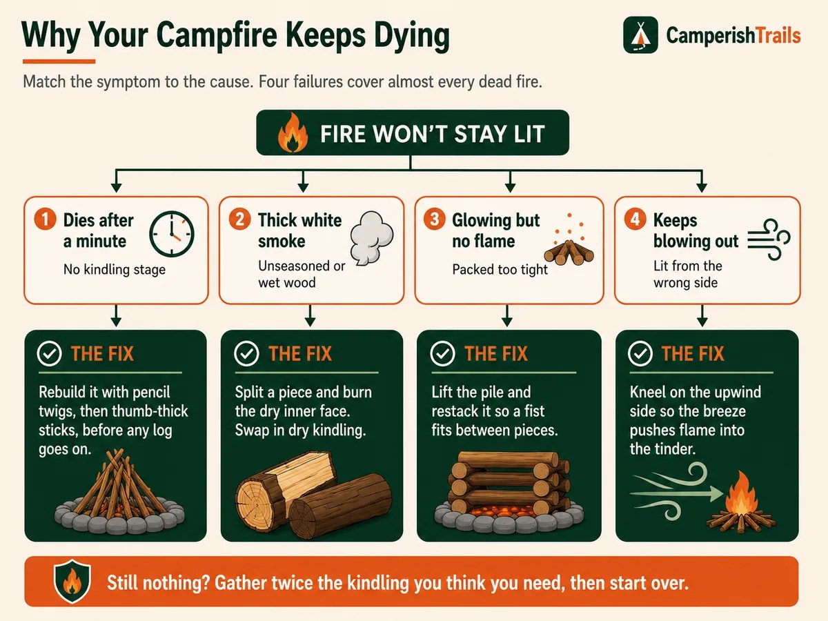 Campfire troubleshooting chart matching four failure symptoms to their cause and fix