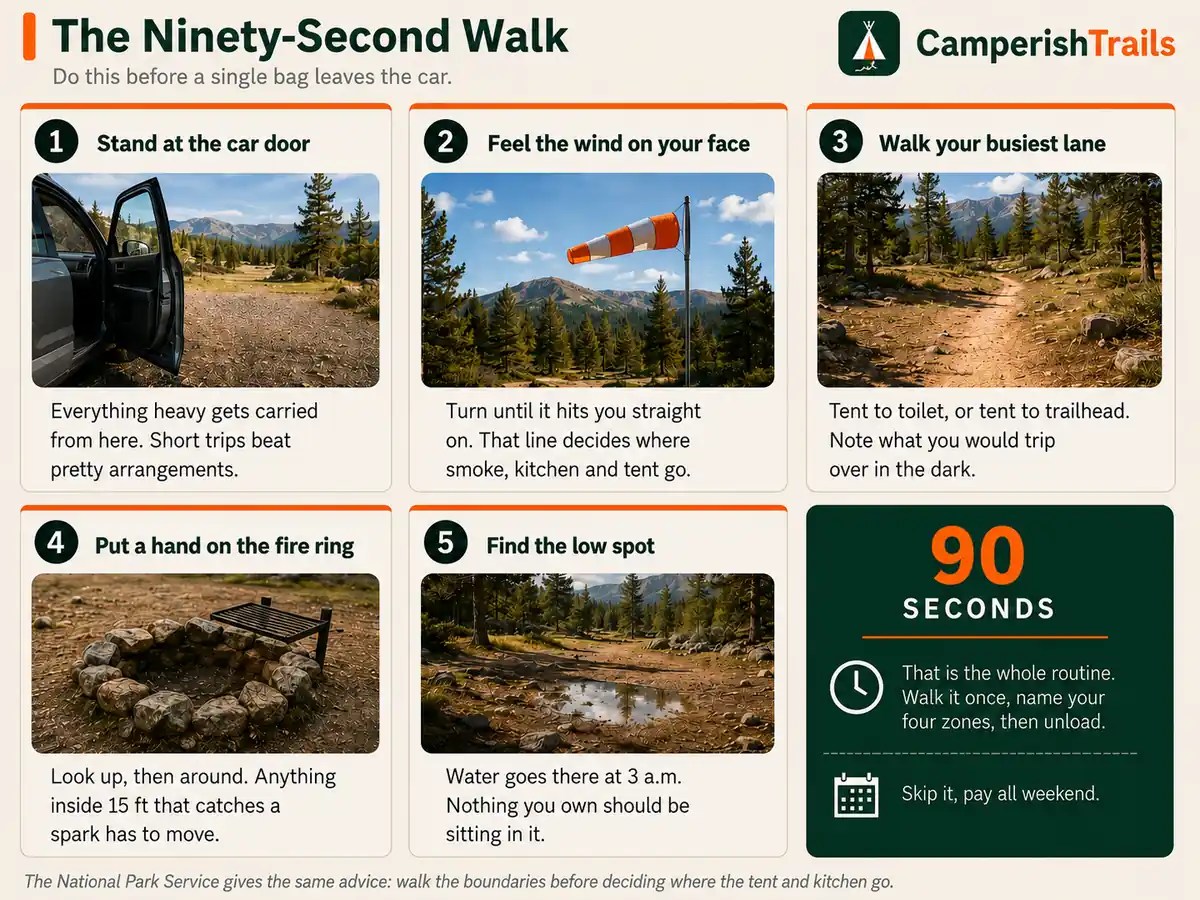 Five-step site walk-through: car door, wind direction, busiest lane, fire ring check, low ground