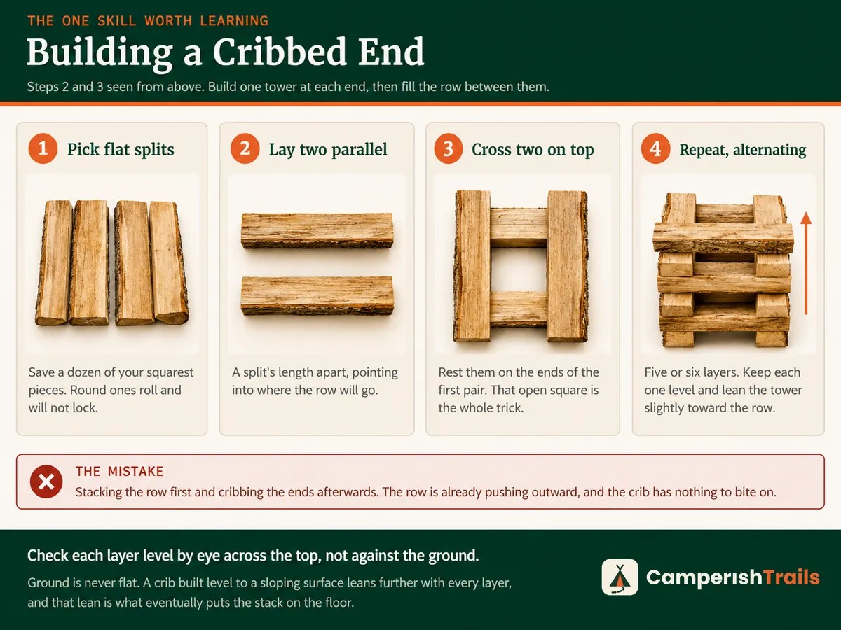 Four-step build of a cribbed end, with steps two and three seen from above