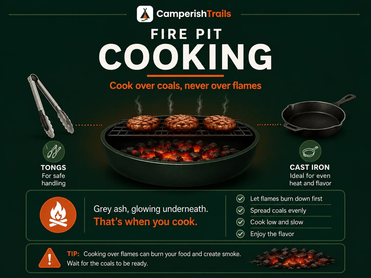 Fire pit cooking setup: food on a grate above a glowing ash-covered coal bed with tongs and a cast iron skillet