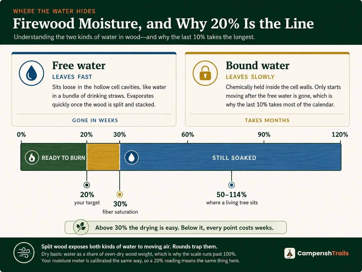 Diagram of free and bound water in wood with the 20 percent burning threshold marked
