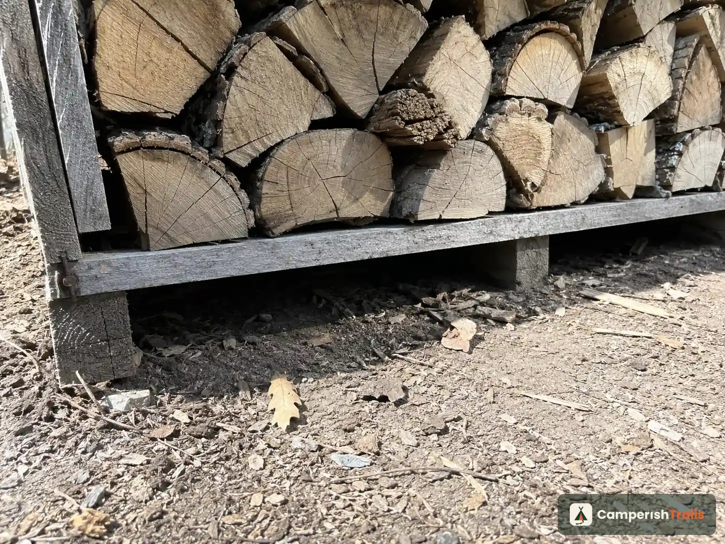 Base of a woodpile on pallets showing the four-inch air gap that keeps ground moisture out