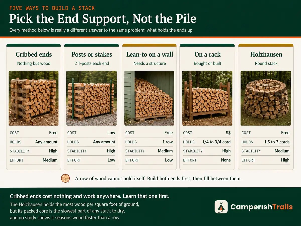 Five stacking methods compared by cost, capacity, stability and effort