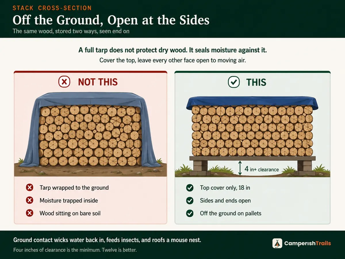 Cross-section comparing a fully tarped pile on soil with a top-covered pile on pallets