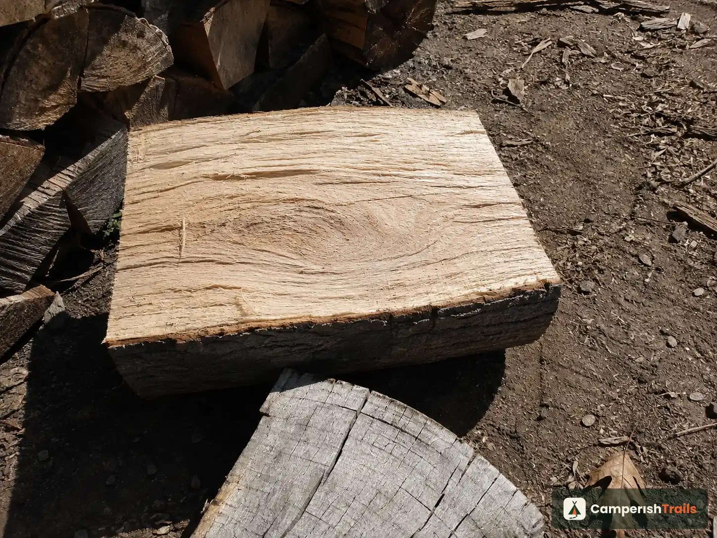 Freshly split oak face beside a weathered gray split showing the difference in cut surfaces