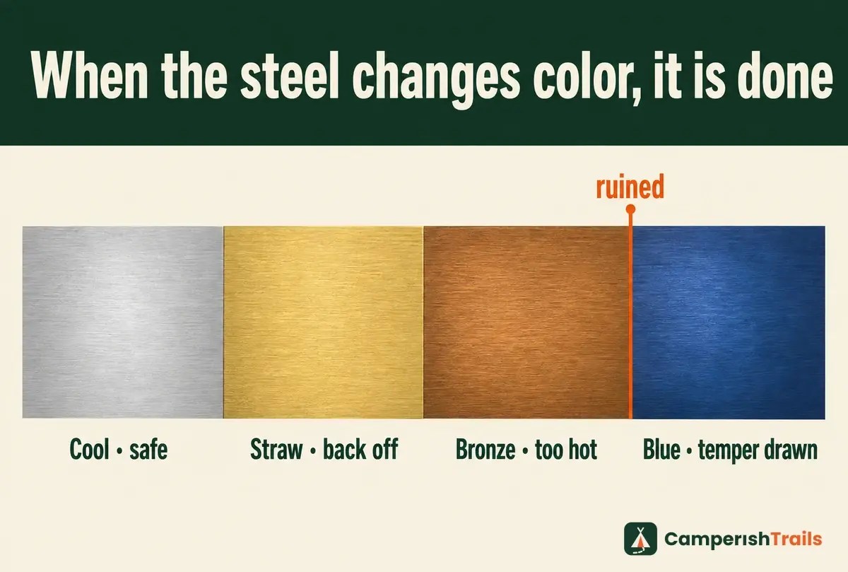 Steel temper colour scale from cool through straw and bronze to blue, marking the ruin point
