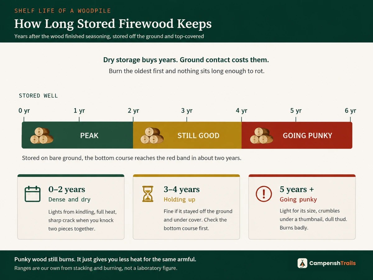 Timeline of stored firewood condition from peak at 0 to 2 years to punky after 5