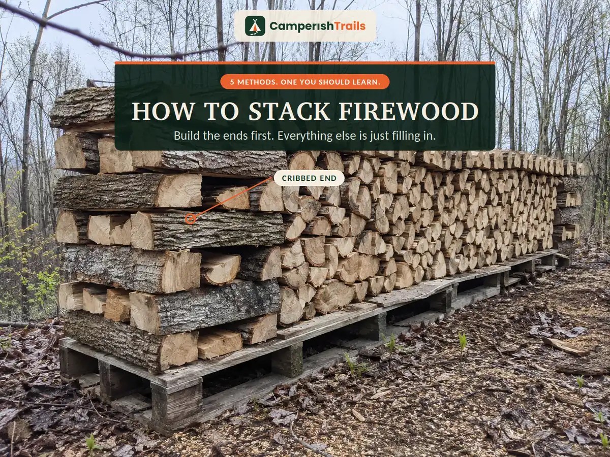 How to stack firewood: a single row held by a cribbed end tower of alternating splits