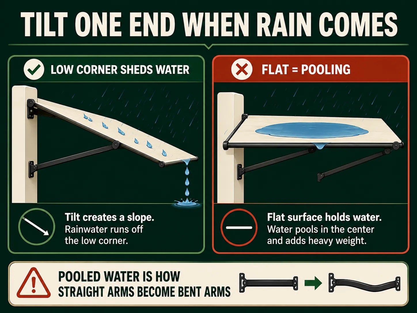 Comparison graphic of a tilted camper awning shedding rain versus a flat awning pooling water