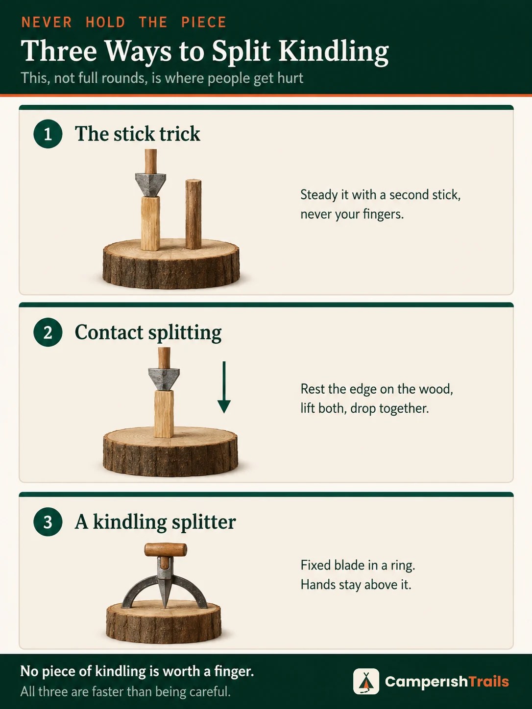 Three ways to split kindling without holding the piece: stick, contact split, kindling splitter