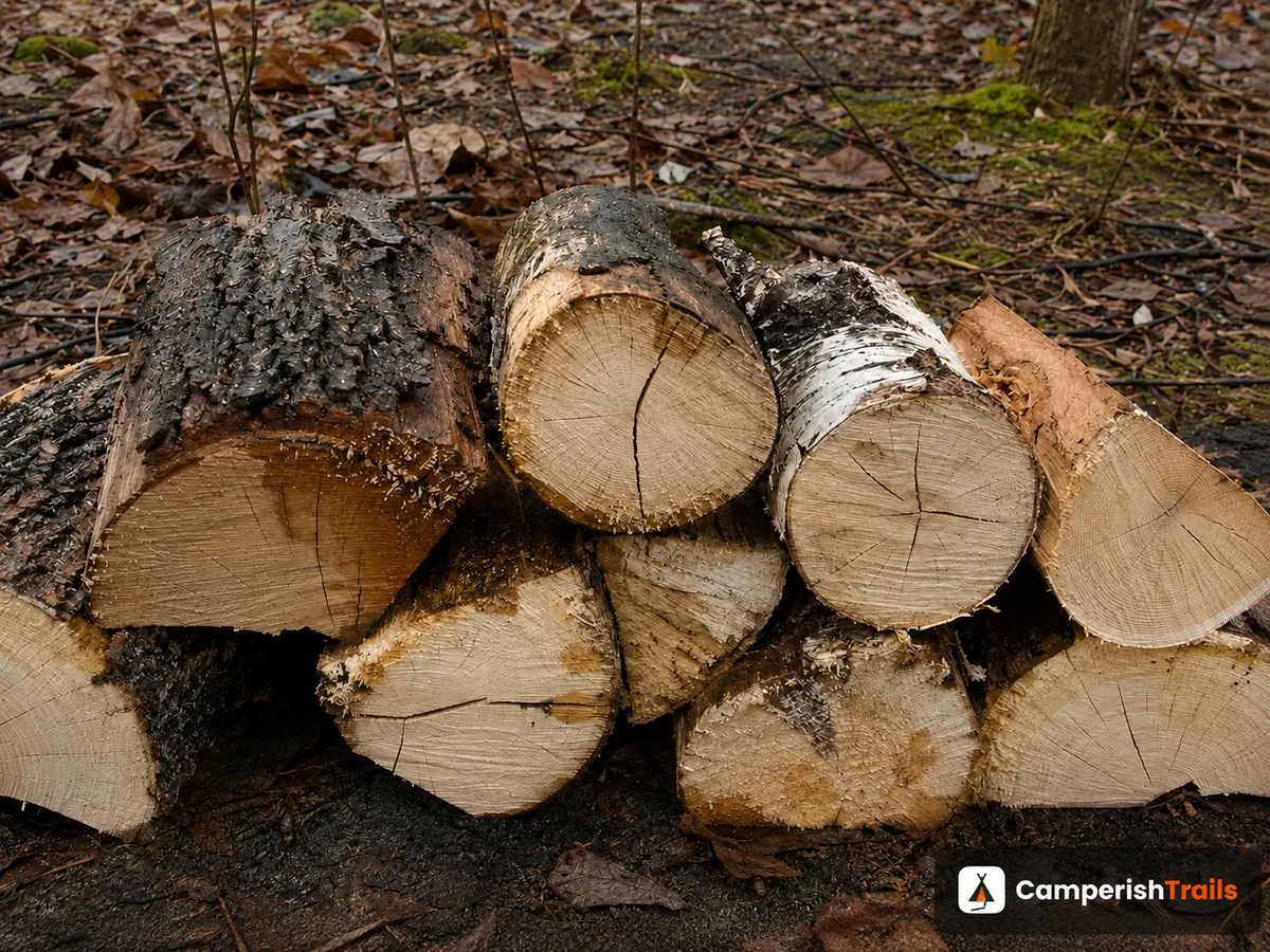 Mixed split logs showing oak, hickory, birch and pine bark textures with radial drying cracks on cut ends