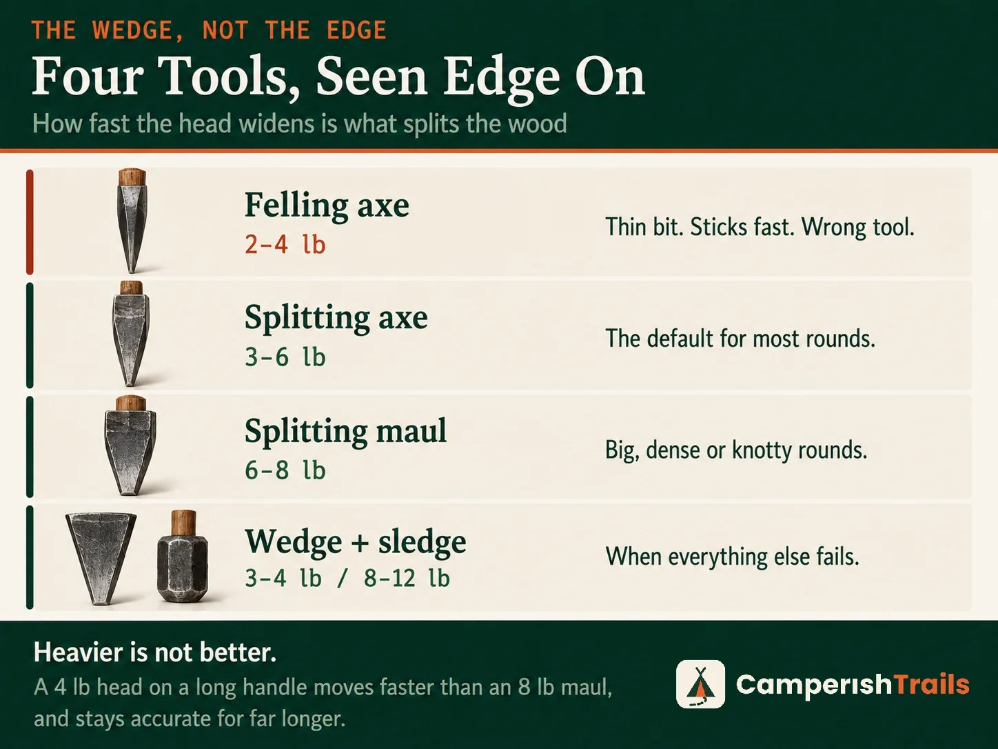 Felling axe, splitting axe, maul and wedge compared by head weight and wedge width