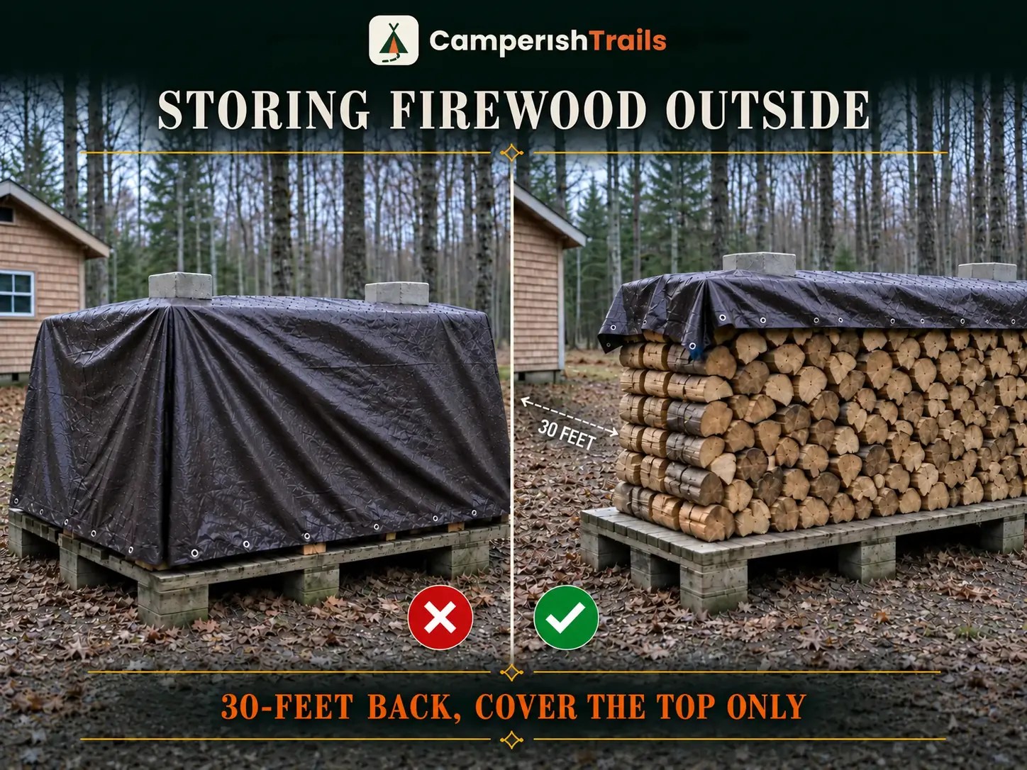 Infographic showing the right and wrong ways to store firewood outdoors, with tarp-covered wood stacks on pallets, 30-foot spacing from a cabin, and guidance to cover only the top for proper ventilation.