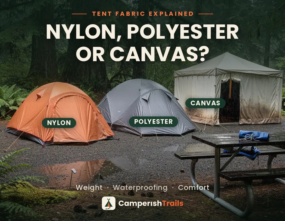 Three tents types labelled nylon, polyester and canvas, comparing tent fabric types