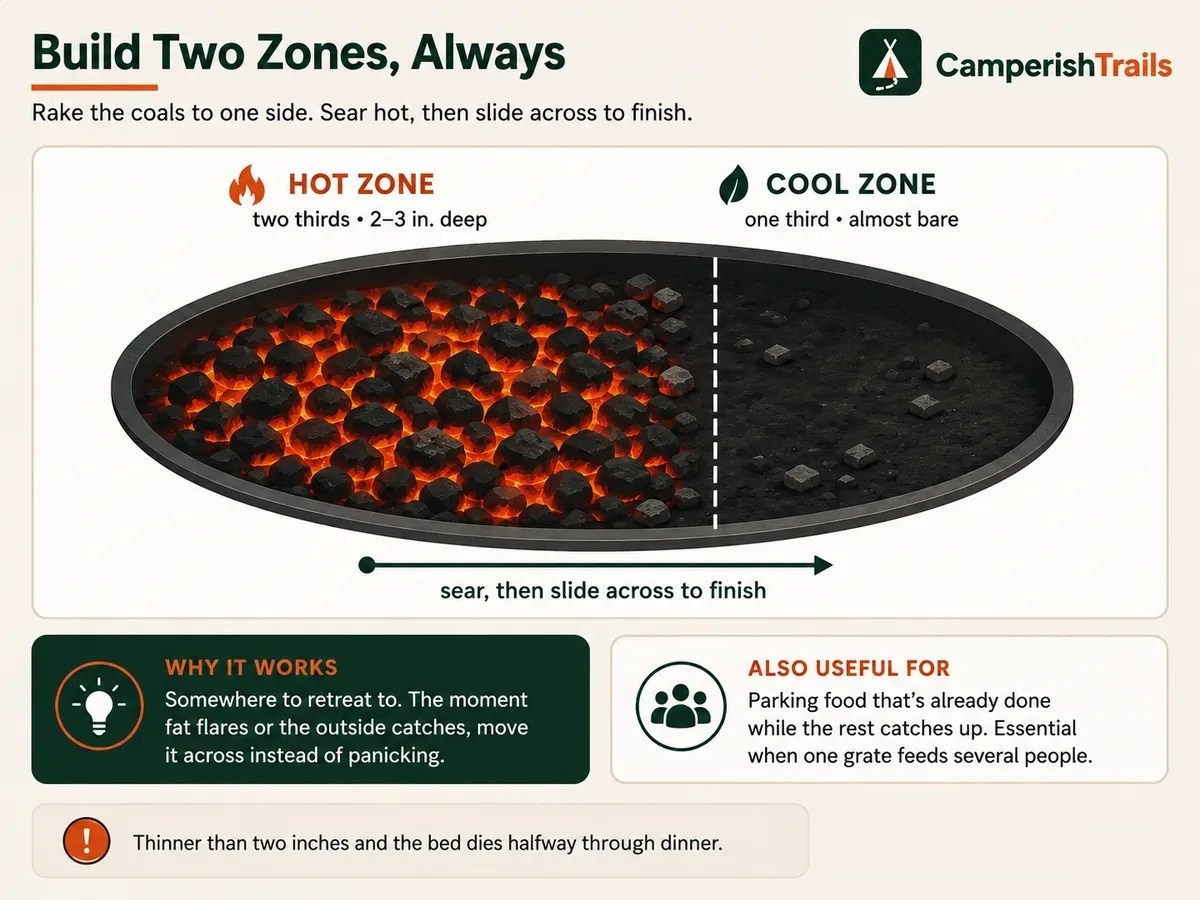 Two-zone fire pit layout with a deep hot coal bed over two thirds and a near-bare cool zone for finishing food