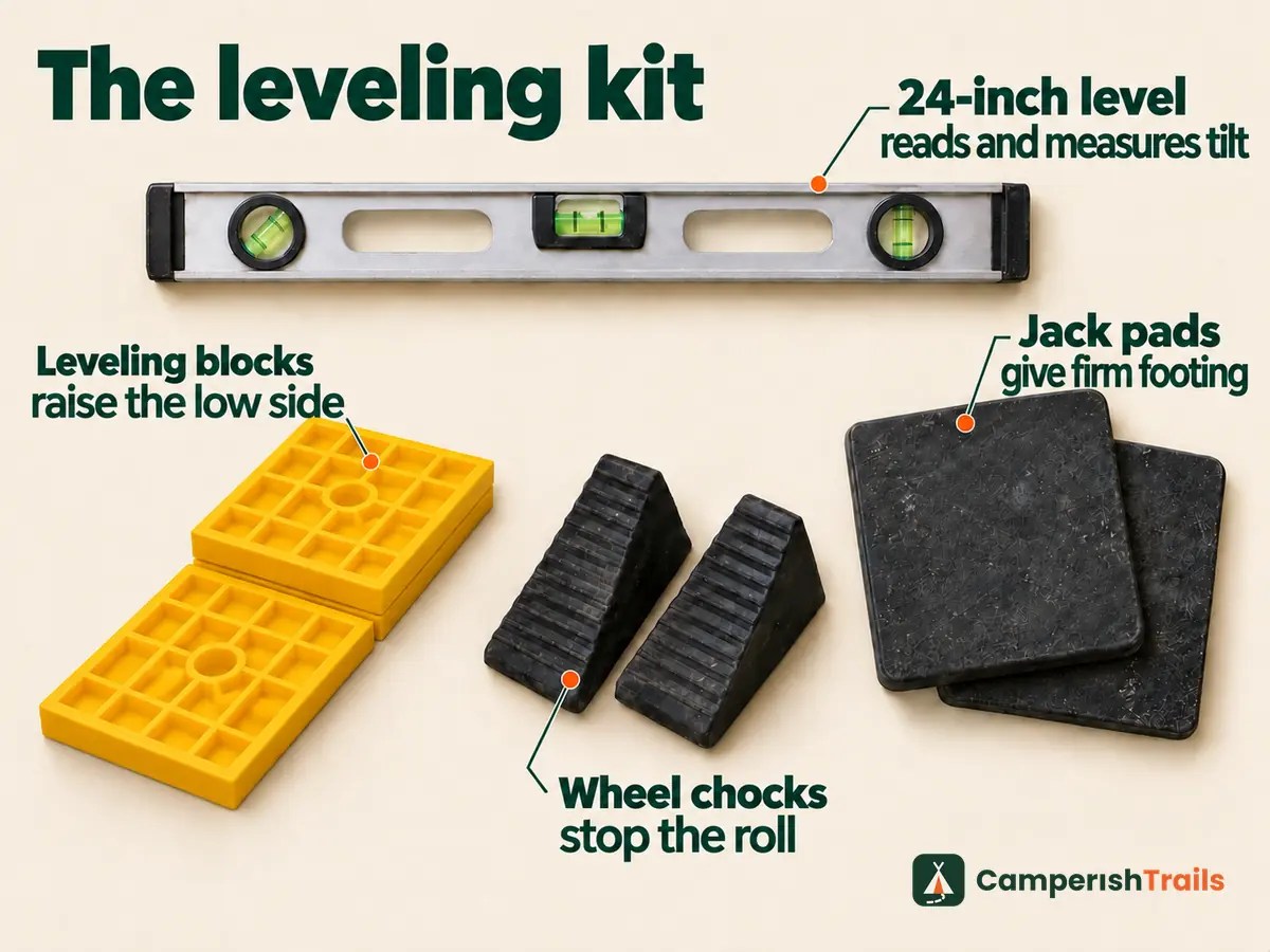 Camper leveling kit: stepped leveling blocks, a 24-inch level, wheel chocks and jack pads, each labeled with its job
