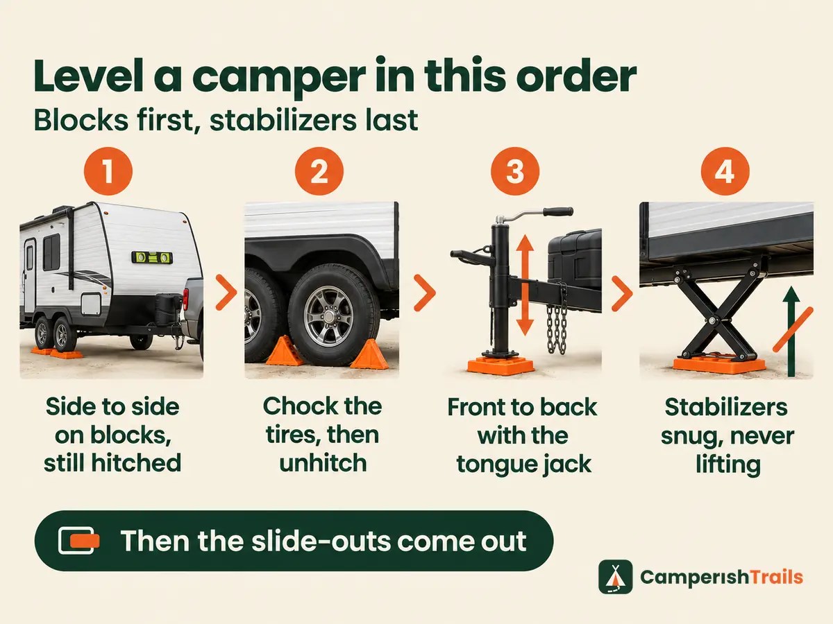Camper leveling order: side to side on blocks while hitched, chock and unhitch, front to back, then stabilizers