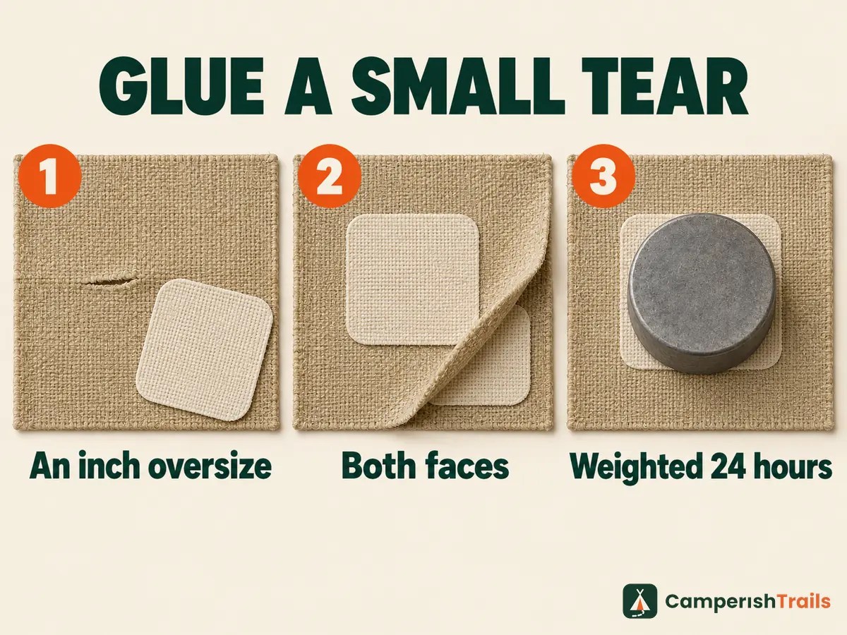 Three steps to glue a canvas patch oversize, on both faces, then weighted