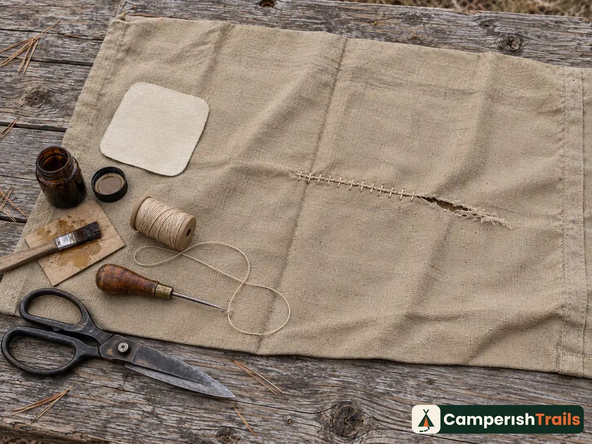Canvas spread on a camp table part-way through a hand-stitched repairf