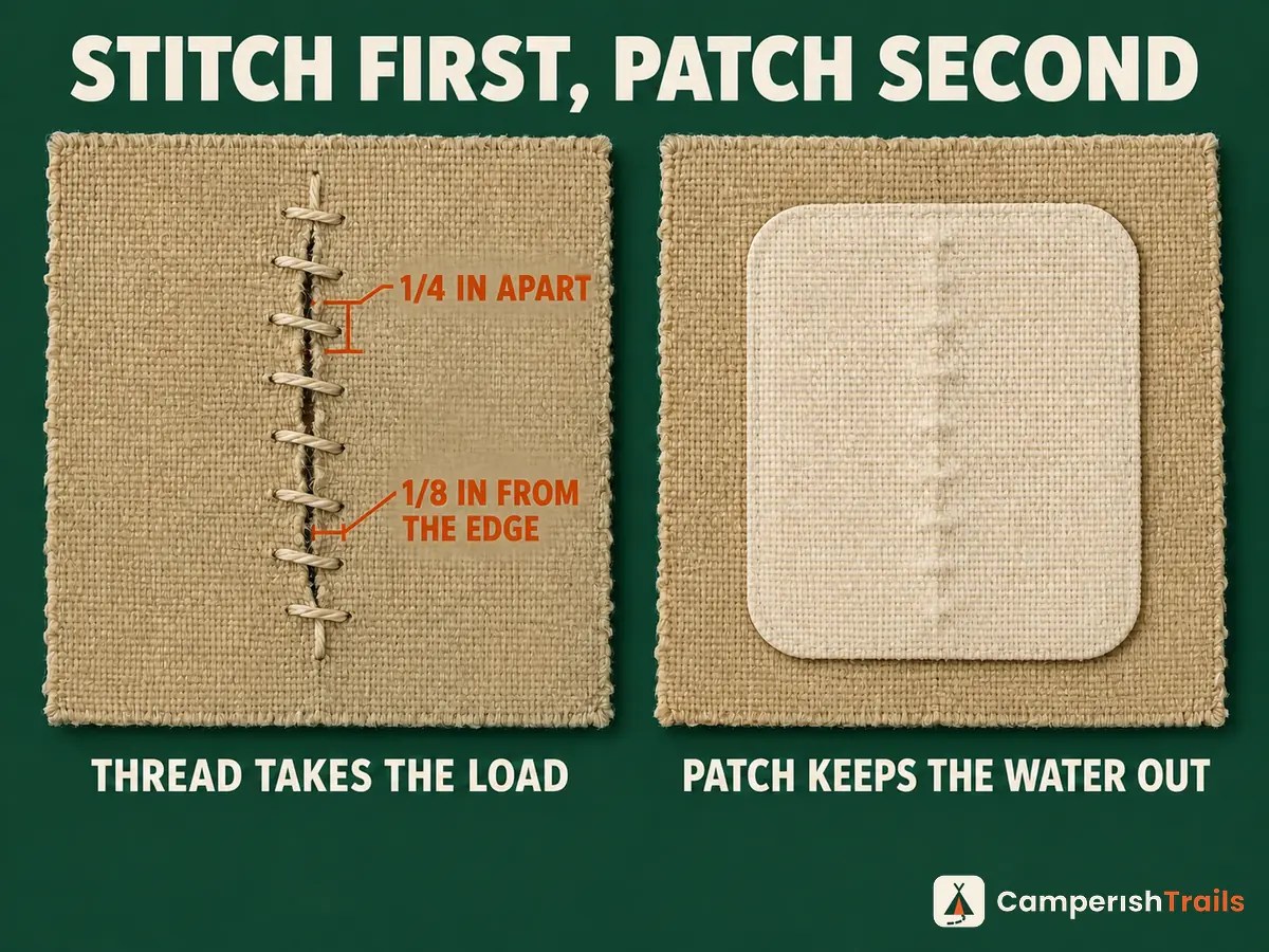 Hand-stitched canvas tear beside the same tear covered by a bonded patch