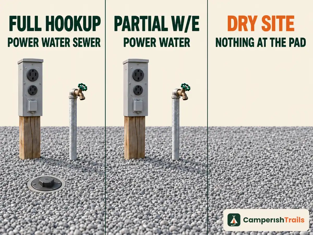 Full hookup, partial W/E and dry campsite compared by the fittings actually present at each pad