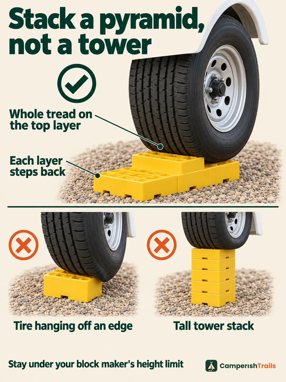 How to stack leveling blocks: a stepped pyramid with the whole tread on top, not an overhanging tire or tall tower