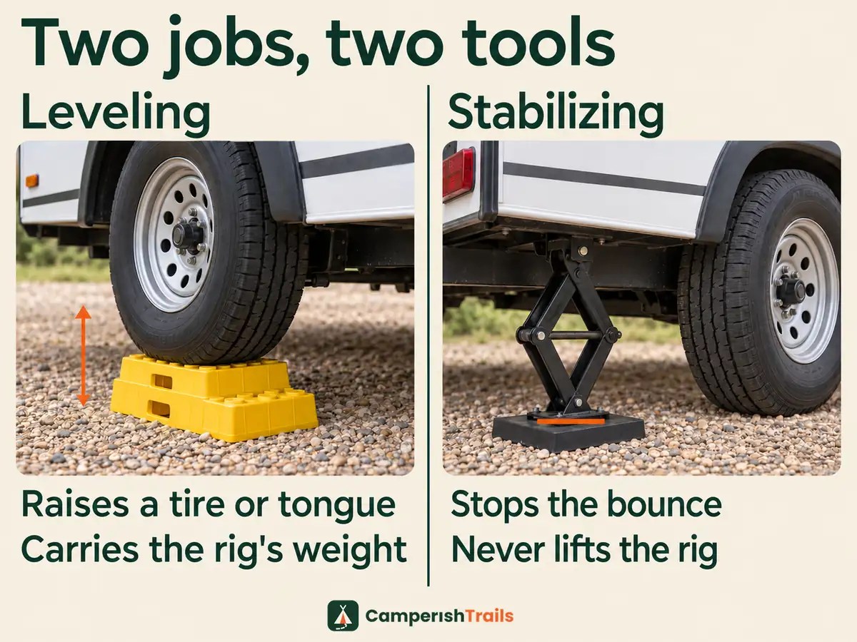Leveling vs stabilizing: a tire raised on stepped blocks carries weight, a stabilizer jack only touches its pad