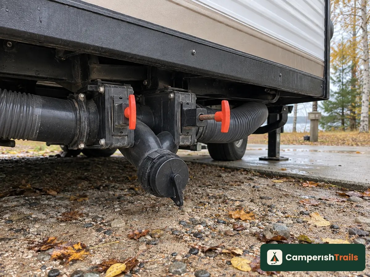 Two termination valve pull handles at an RV waste outlet, one pushed shut and one pulled open