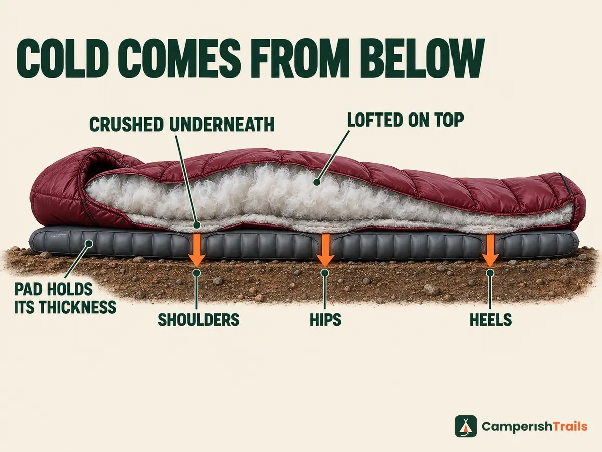 Cutaway of a sleeping bag with fill crushed at shoulders, hips and heels over a pad on cold ground