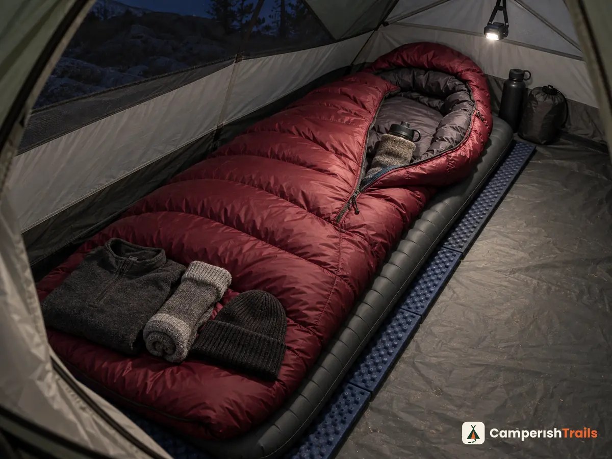 Lofted sleeping bag on a foam pad and an inflatable pad with dry socks, hat and a covered hot-water bottle