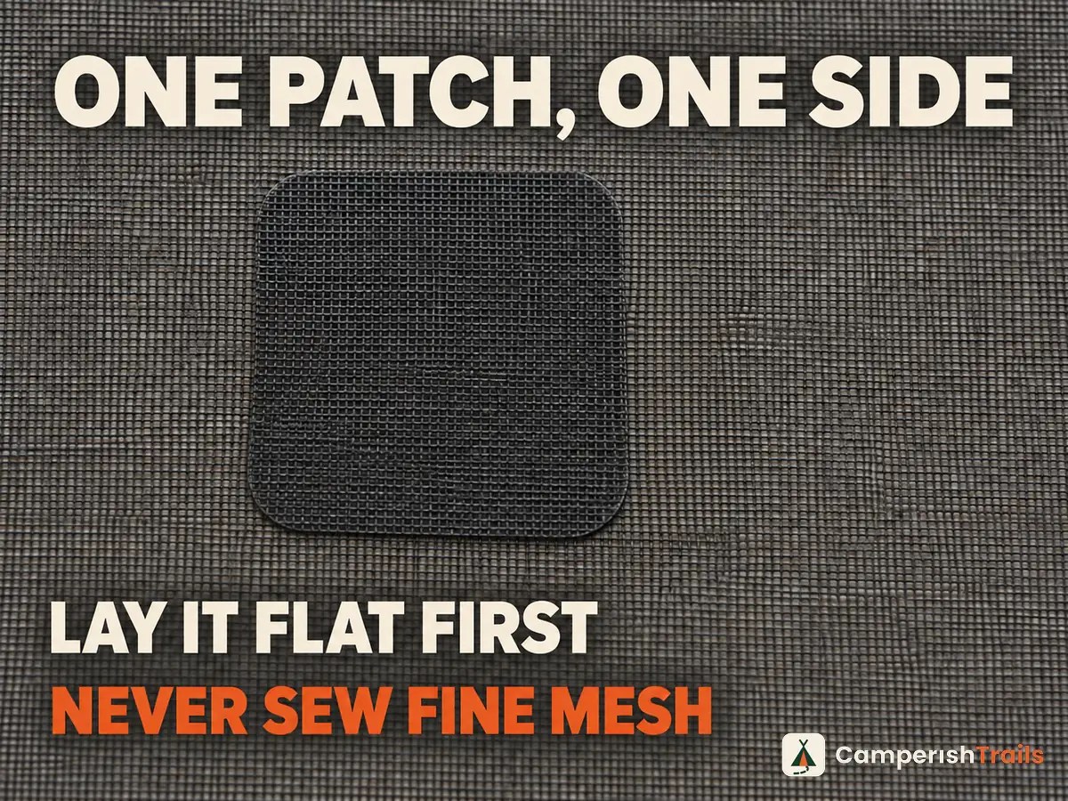 Adhesive patch over a hole in fine no-see-um mesh, applied to one side