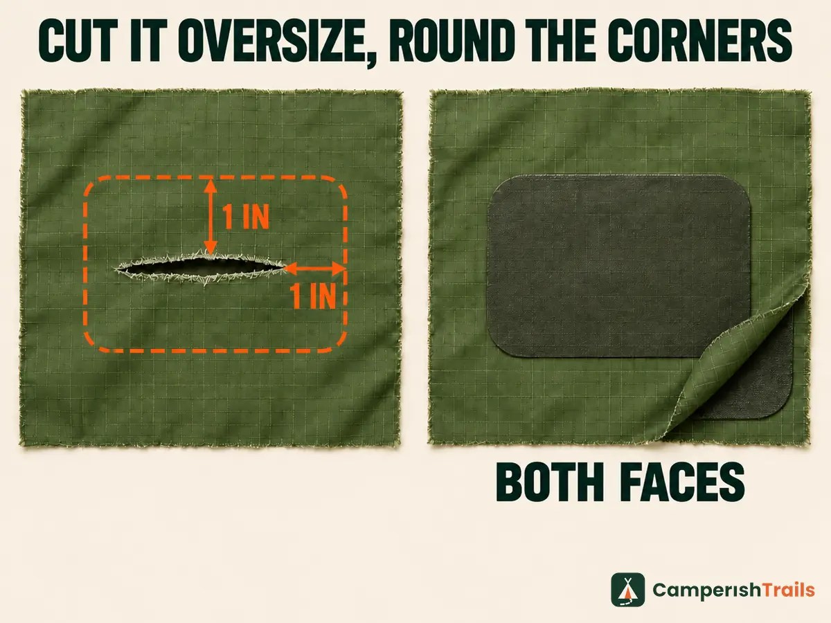 Patch cut an inch larger than the tear with rounded corners on both faces