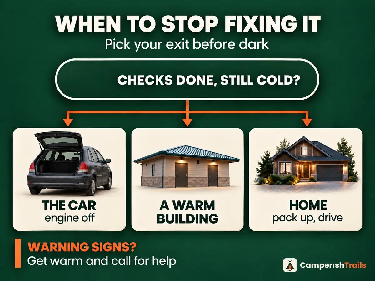 Decision chart for a cold night: when checks fail, move to the car, a warm building or home