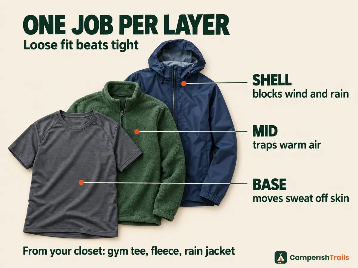 Three garments stacked as layers: base moves sweat off skin, mid traps warm air, shell blocks wind and rain