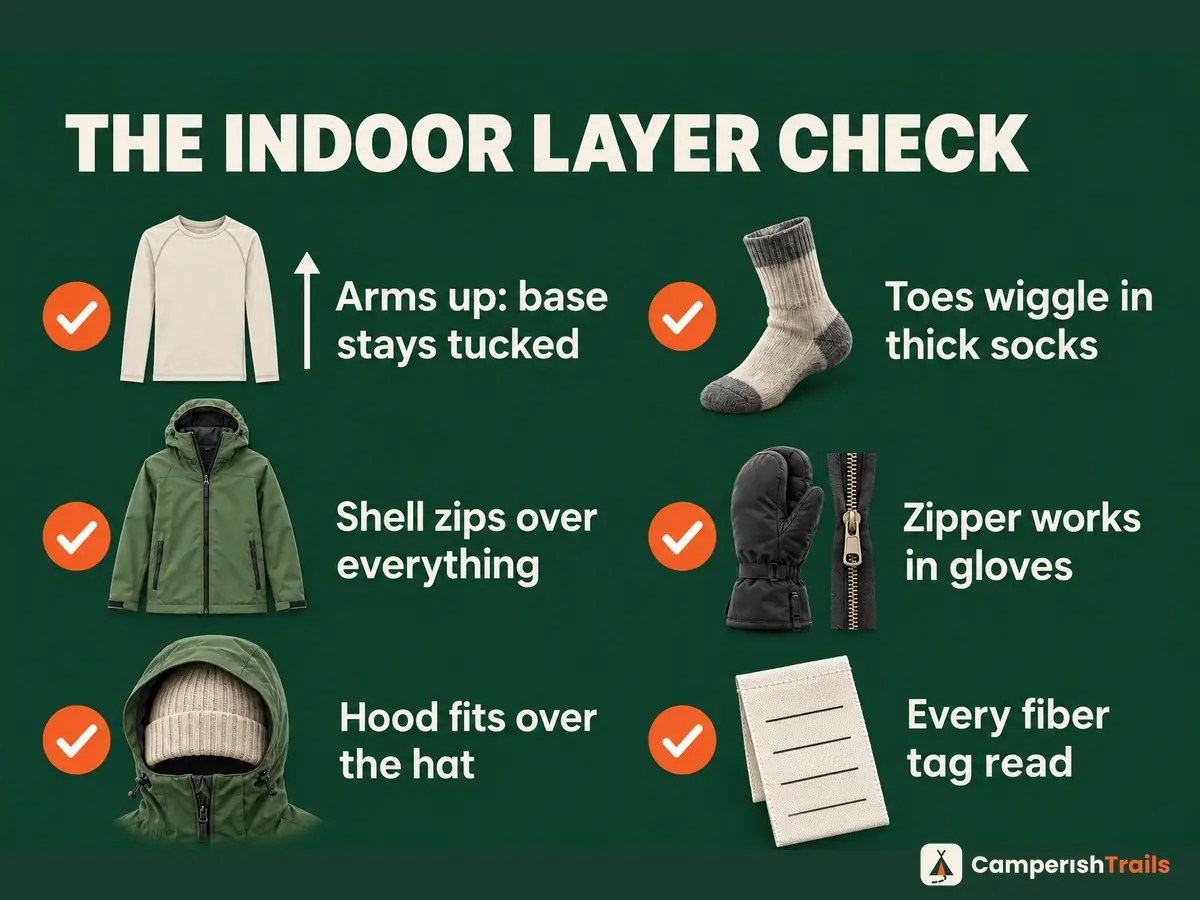 Six-point indoor layer check: base stays tucked, shell zips over all, hood fits hat, toes wiggle, gloves work, tags read