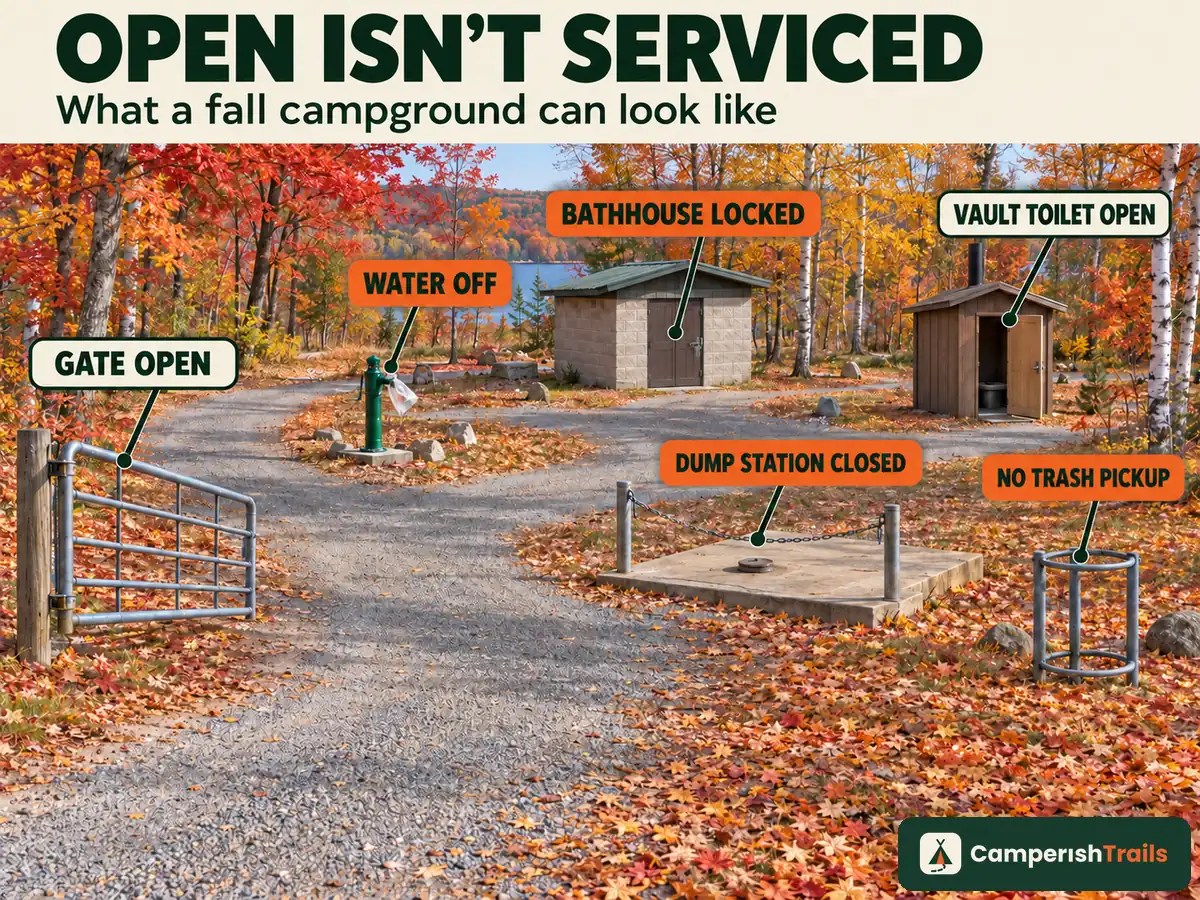 Fall campground with the gate open but the water off, bathhouse locked, dump station closed and a vault toilet open