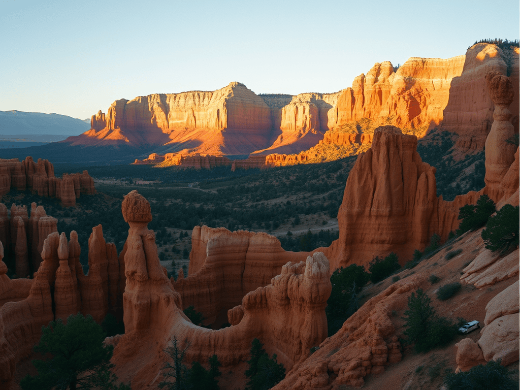 an image of ancient rock formations that look like giant mushrooms red in color with a beautiful valley and mountains in the distance