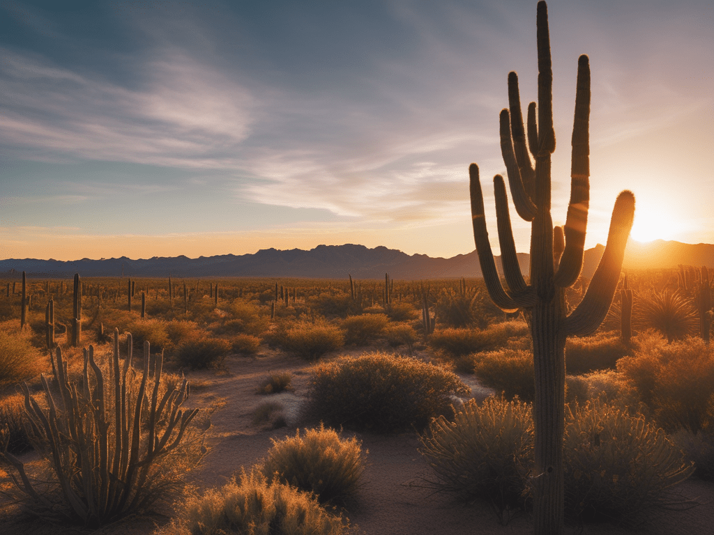 an image of a giant saguaro cactus in the Arizona desert with the sun setting in the distance