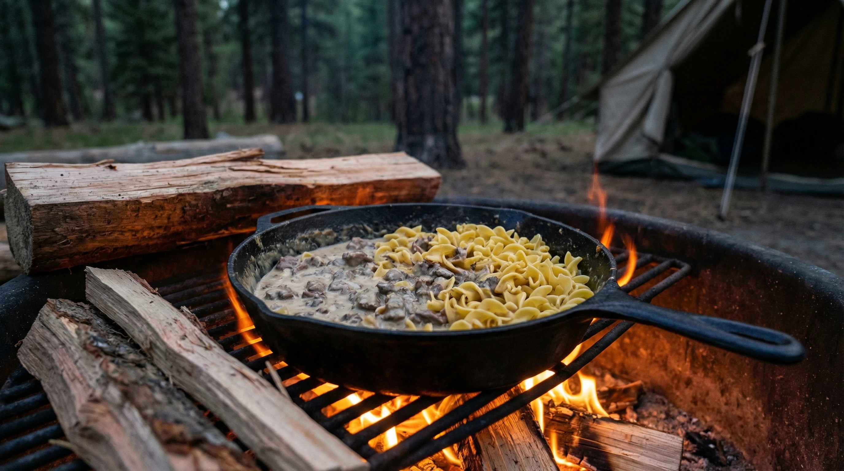 A cast iron skillet filled with creamy beef stroganoff and egg noodles simmering over an open campfire at a wooded campsite with a tent in the background