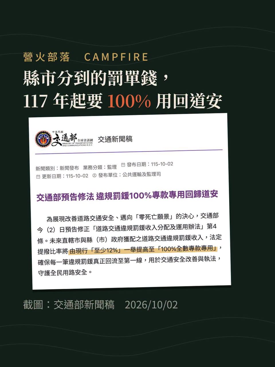 交通罰鍰一年 265 億，117 年起要 100% 專款專用