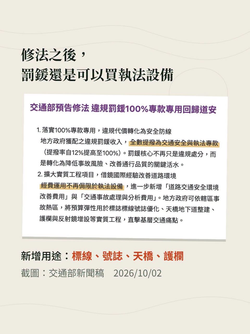 交通罰鍰一年 265 億，117 年起要 100% 專款專用