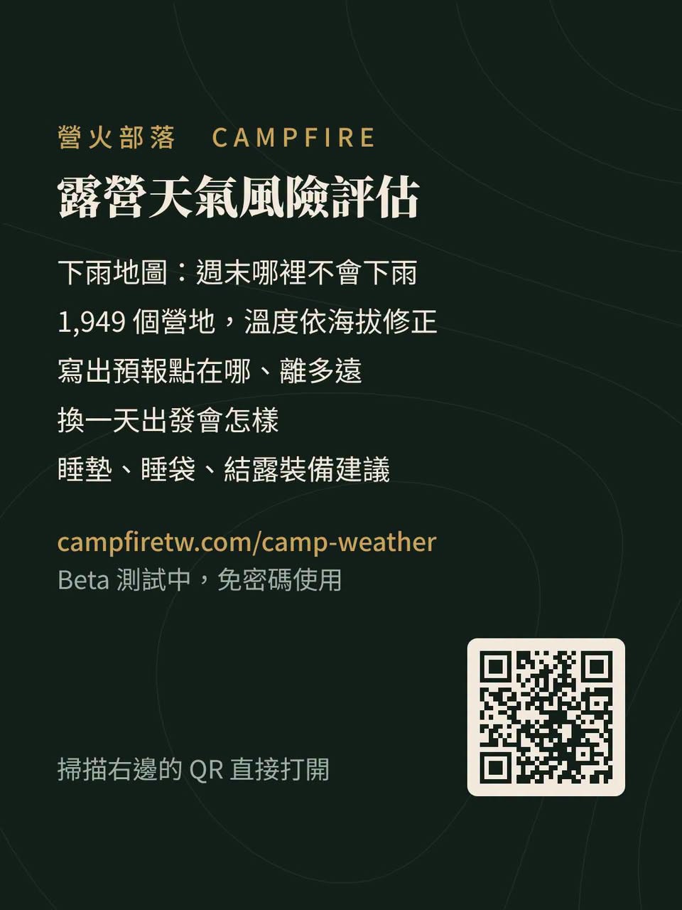 露營天氣頁加了下雨地圖：這個週末 678 個千元營地，577 個不太會下雨