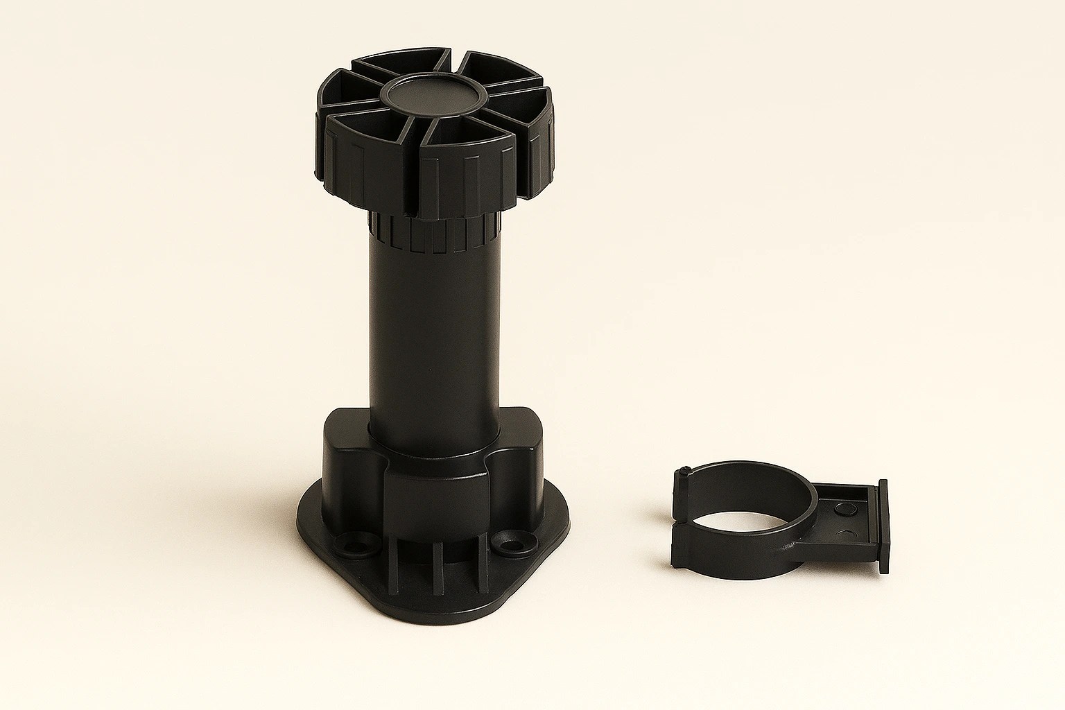 Adjustable black plastic cabinet leg with height adjustment feature and mounting bracket, essential for leveling cabinetry on uneven floors