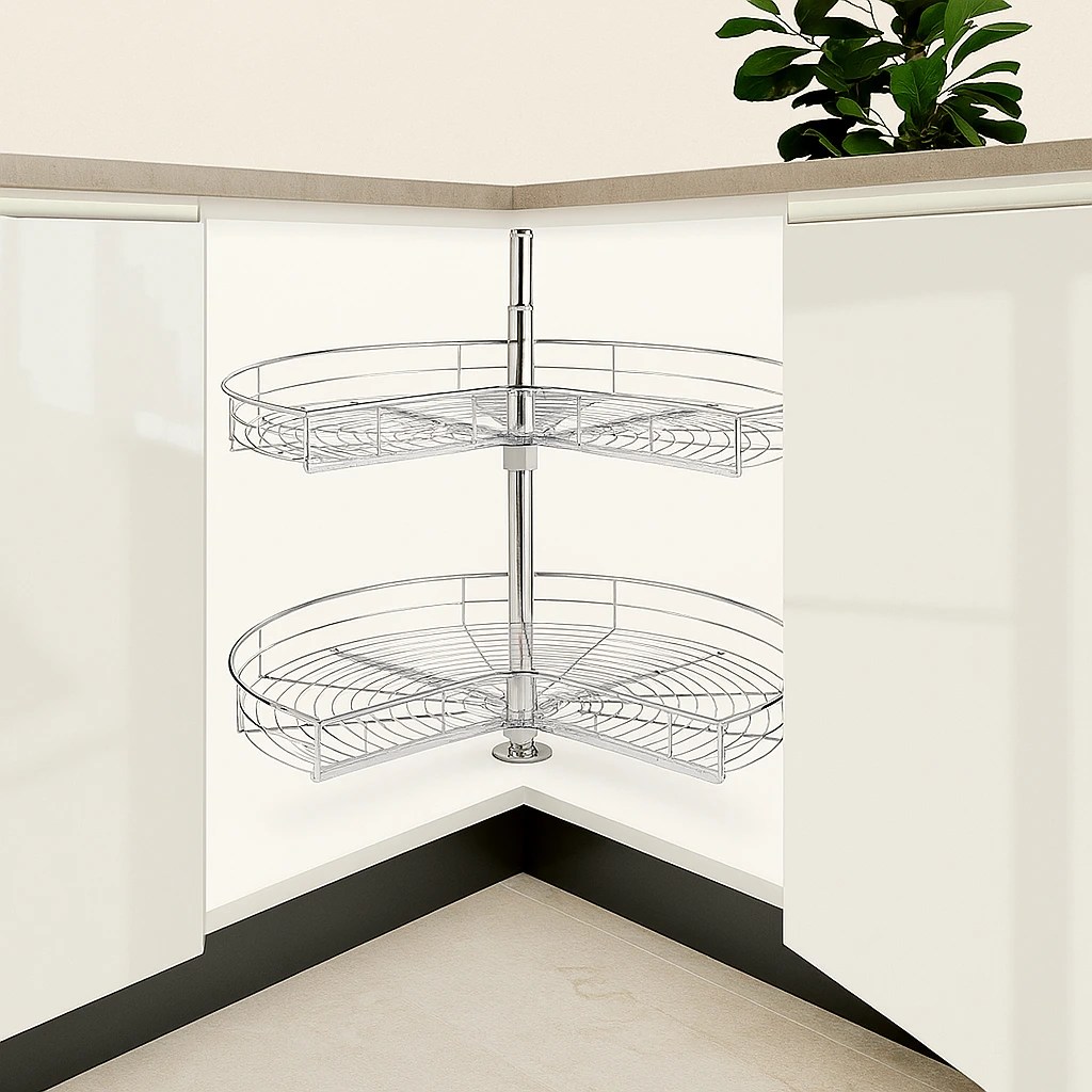 Canadian RTI Cabinets offers lazy Susan corner cabinet organizer with two circular wire shelves, designed for efficient kitchen storage, featuring a polished chrome finish and adjustable height, part of the hardware and accessories collection at Canadian RTI Cabinets.