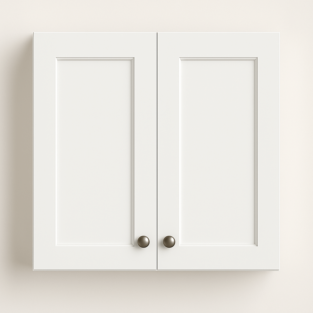 Over the Range Cabinet with double doors in high gloss white finish, designed for kitchen space optimization above stoves.