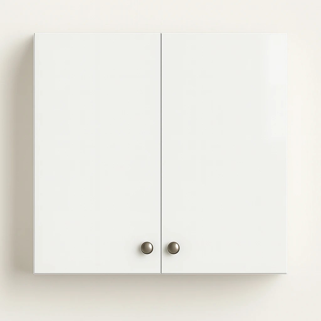 Over the Range Cabinet with double doors in high gloss white finish, designed for kitchen space above stoves, featuring modern knobs.