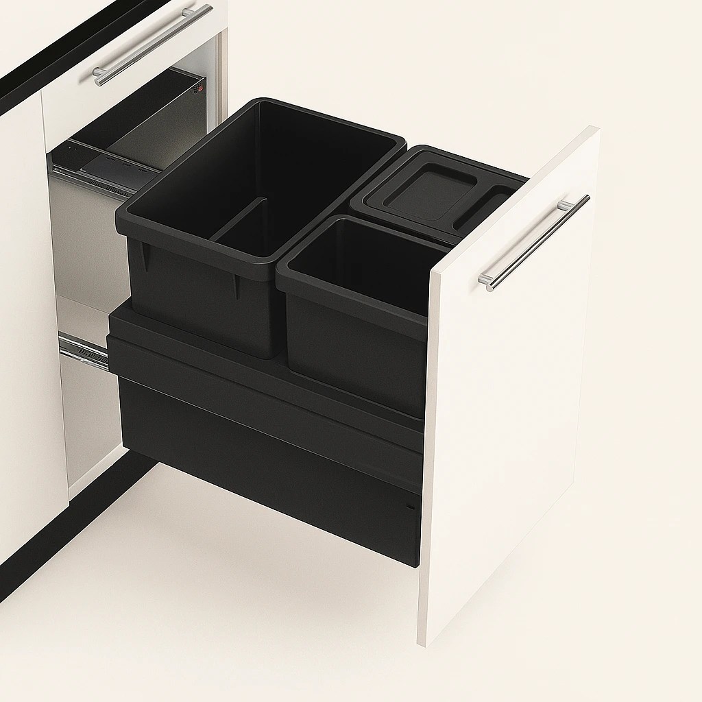 Canadian RTI Cabinets offers Pull-out garbage bin cabinet with shaker door, soft-close glides, and metal sliding frame – ready to install in modern kitchens.