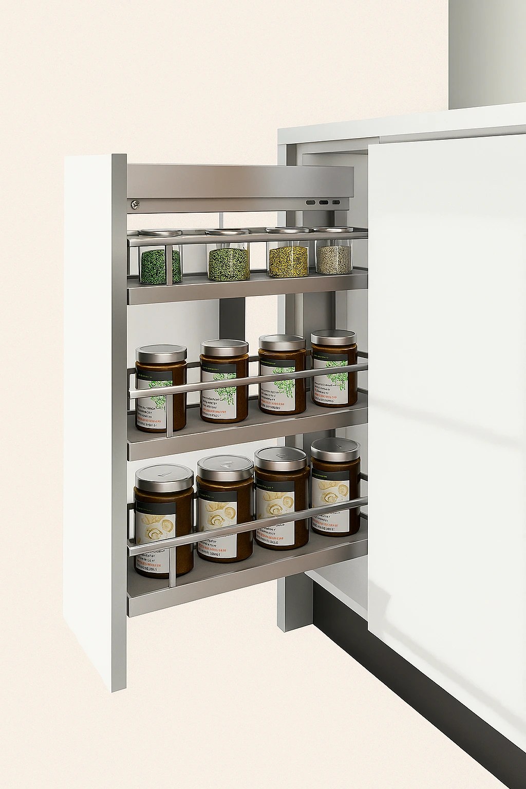 Pull-out spice rack featuring multiple shelves with jars organized for easy access, designed for kitchen functionality and storage.